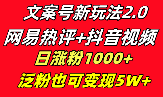 文案号新玩法 网易热评+抖音文案 一天涨粉1000+ 多种变现模式 泛粉也可变现 - 学咖网-学咖网