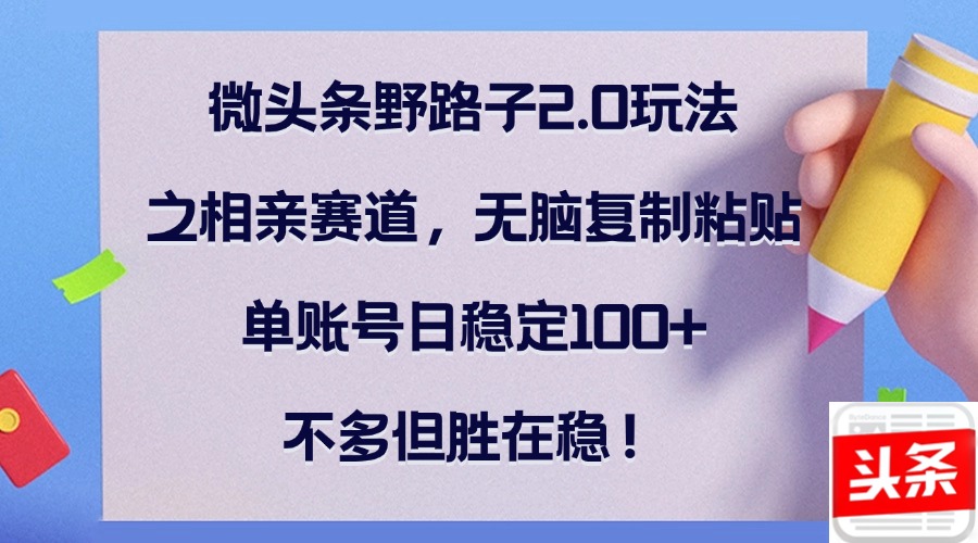 微头条野路子2.0新篇章：相亲赛道精准攻略，无脑复制粘贴策略，单账号日入稳赚100+，小额高频赢在稳 - 学咖网-学咖网