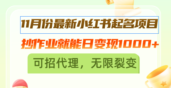 11月份最新小红书起名项目，抄作业就能日变现1000+，可招代理，无限裂变 - 学咖网-学咖网